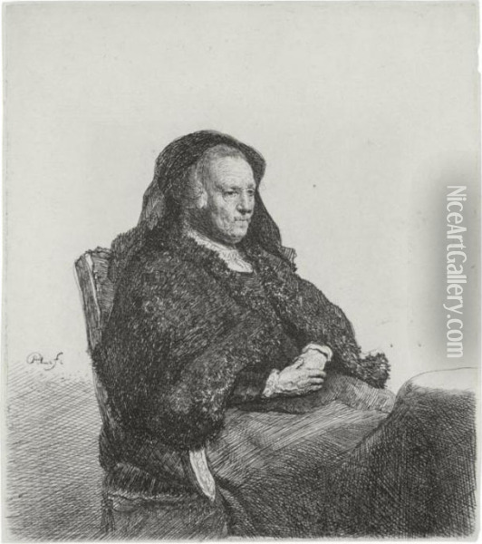 The Artist's Mother Seated At A 
Table, Looking Right: Three Quarter Length (b., Holl. 343; H. 52; Bb. 
31-8) Oil Painting - Rembrandt Van Rijn