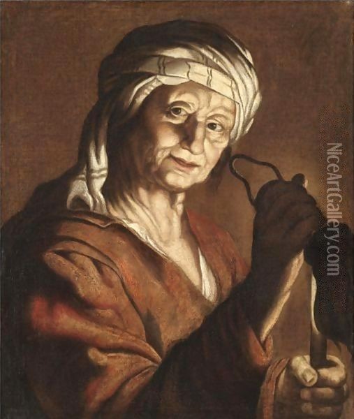 An Old Lady Holding A Candle And An Empty Purse Oil Painting - Gerrit Van Honthorst