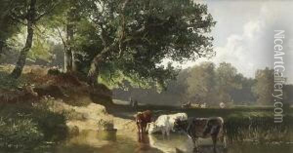 Kuhe An Der Tranke Am
 Weiher. Oil Painting - Joseph Wenglein