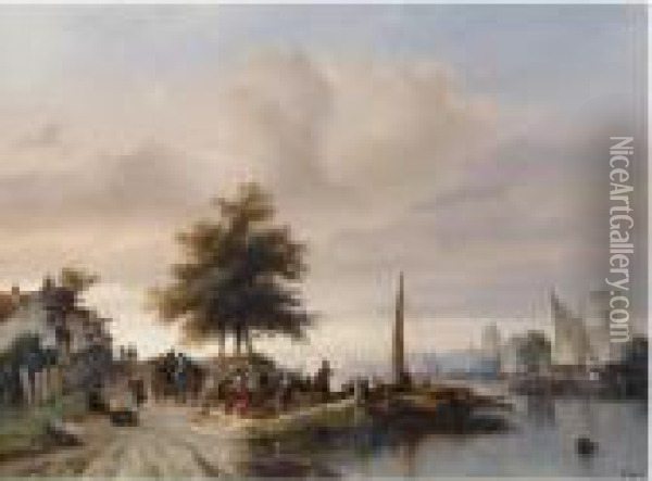 The Ferry On The Maas Near Dordrecht Oil Painting - Salomon Leonardus Verveer