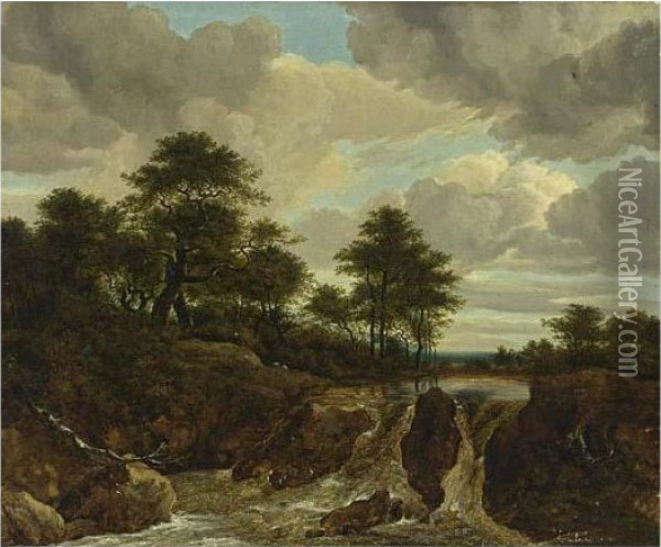 A Riverlandscape With A Waterfall In The Foreground Oil Painting - Jacob Van Ruisdael