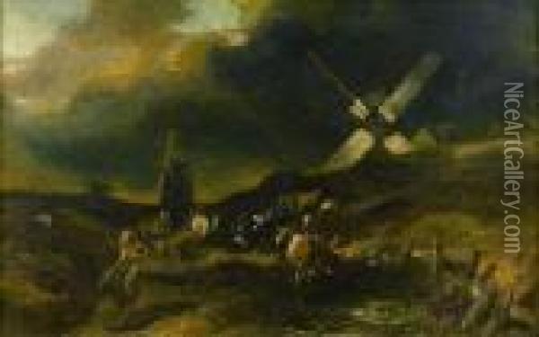 Paysage D'orage Aux Deux Moulins Oil Painting - Eugene Isabey