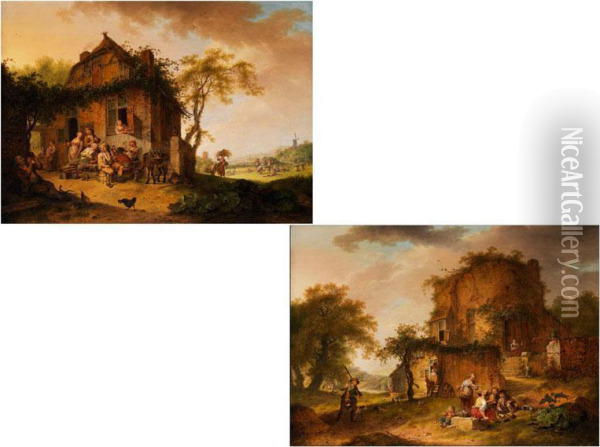 Alte Gebaude In Landschaft Mit Mehrfigurigen Landlichenszenen Oil Painting - Hendrik De Meyer