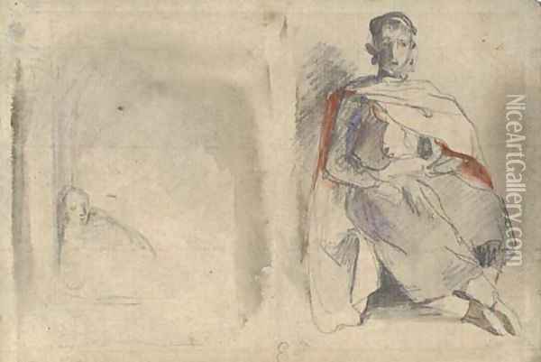 Study of a seated man in oriental dress and study of a figure in a doorway Oil Painting - Eugene Delacroix