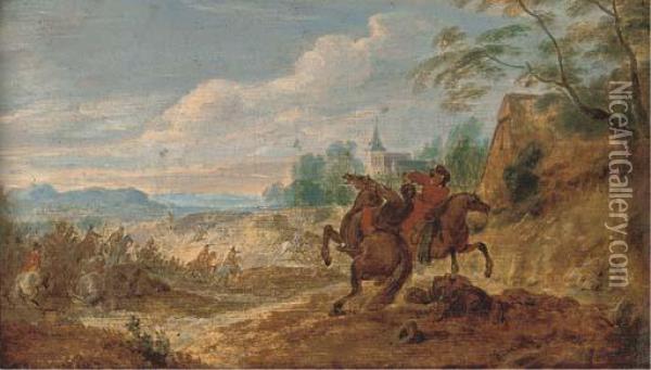 A Wooded Landscape With A Cavalry Skirmish Oil Painting - Pieter Gysels