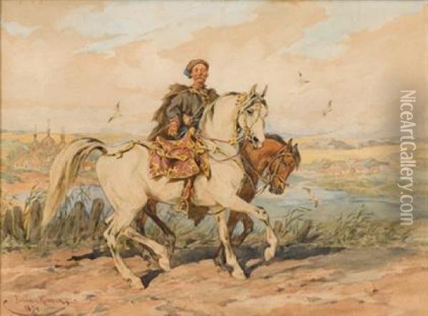A Polish Cavalryman Near Lwow Oil Painting - Juliusz Kossak