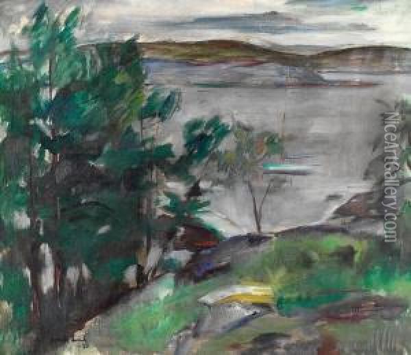 Kystlandskap Med Seilbat I Boye 1920 Oil Painting - Henrik Lund