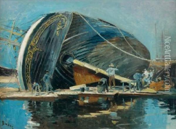 Scene De Chantier Naval, Trois-mats Au Carenage Oil Painting - Frank Myers Boggs