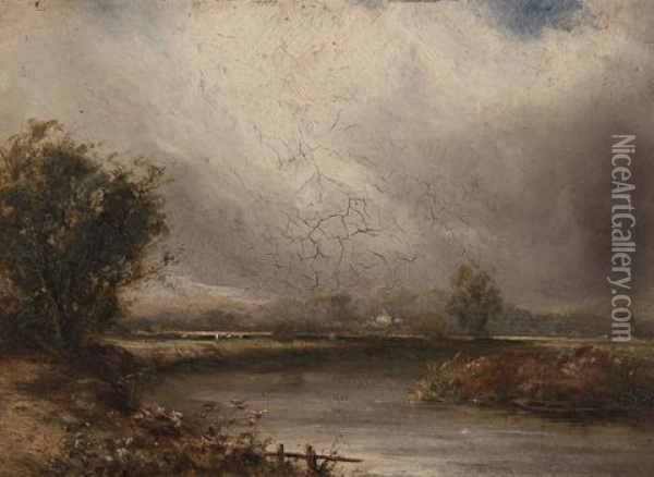 River Landscape With Fisherman, Cattle And Trees (+ Another, Sketch, Verso) Oil Painting - Thomas Lound