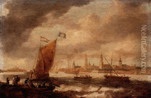 Shipping Vessels On Choppy Seas With Figures Disembarking A Fishing Boat, A View Of Antwerp Beyond Oil Painting - Jan Peeters the Elder