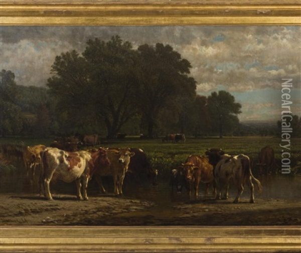 Summer Landscape With Cows At A Stream Oil Painting - Aaron Draper Shattuck