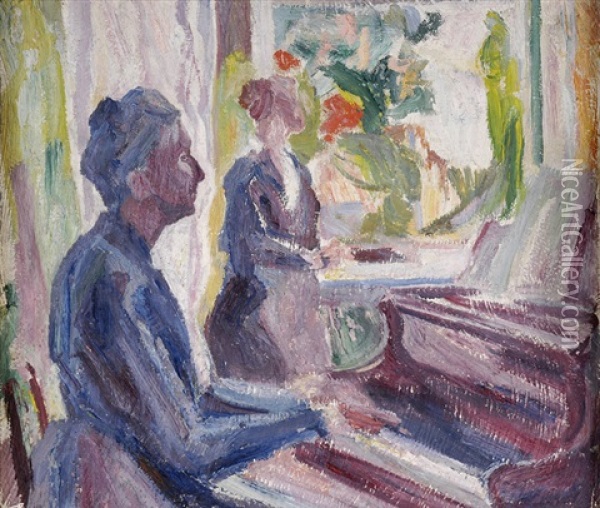 Lina Malytska Am Piano Oil Painting - Aleksy Nowakiwski