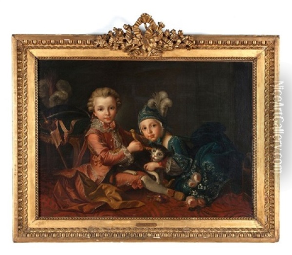 Deux Jeunes Enfants Jouant Avec Un Oiseau Oil Painting - Francois Hubert Drouais