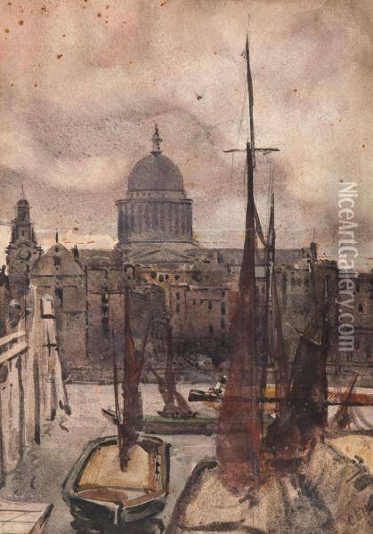 The Thames With St. Pauls Oil Painting - Charles Edward Holloway