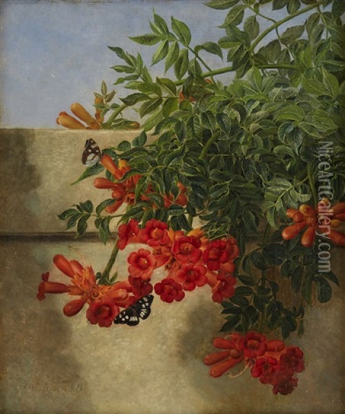 Flowers With Butterflies Oil Painting - Johan Laurentz Jensen