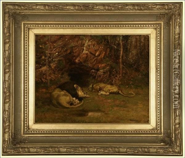 Two Lions Resting In A Landscape Oil Painting - William Henry Drake