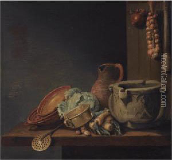A Kitchen Still Life With A Cabbage, Onions, Parsnips, A Jug And Other Kitchen Utensils Over A Wooden Table Oil Painting - Hubert Van Ravesteijn
