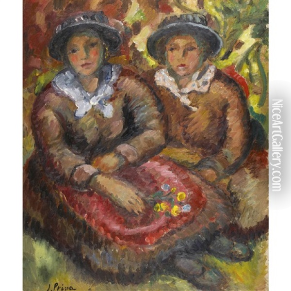 Les Deux Valaisannes Oil Painting - Andre Julien Prina