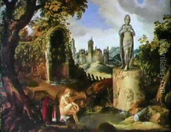 Badende Frau In Einer Landschaft Oil Painting - Claes Cornelisz Moeyaert