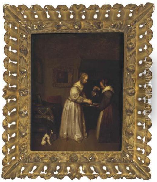 A Lady With Her Maid In An Interior Oil Painting - Gerard Terborch