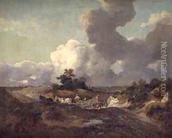An open landscape in Suffolk with a waggon on a track Oil Painting - Thomas Gainsborough