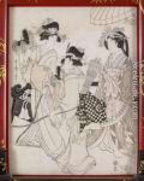 Japan Med Lackram Oil Painting - Kitagawa Utamaro