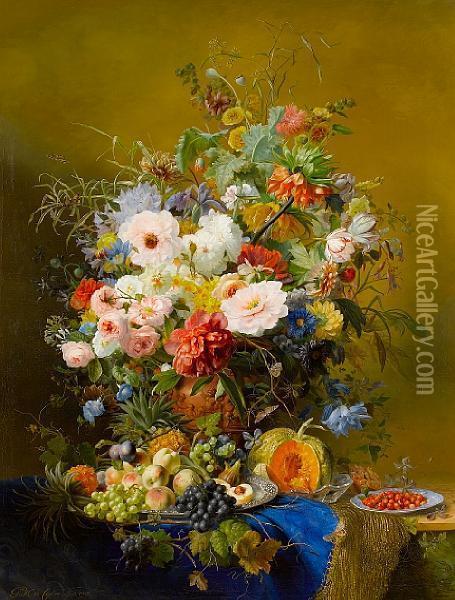 A Still Life Of Peonies, Roses, Poppies,tulips And Other Flowers With Mixed Fruits On A Marble Ledge With Ablue Cloth Oil Painting - Gabriel Henriques De Castro