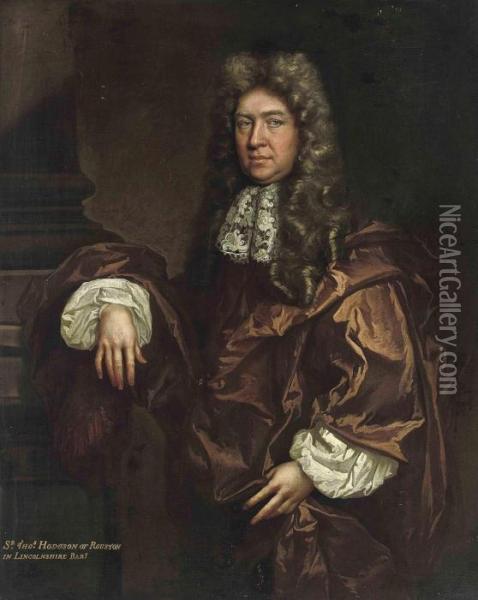 Portrait Of Sir Thomas Hodgson 
Of Rouston, Three-quarter-length, Inrust Robes With A Lace Collar, 
Beside A Column Oil Painting - Sir Godfrey Kneller