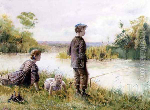 Children fishing by a stream Oil Painting - George Goodwin Kilburne