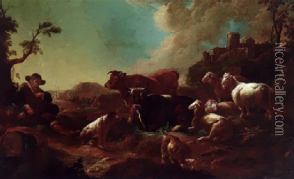 A Herdsman With Cattle And Sheep In An Italianate Landscape Oil Painting - Johann Heinrich Roos