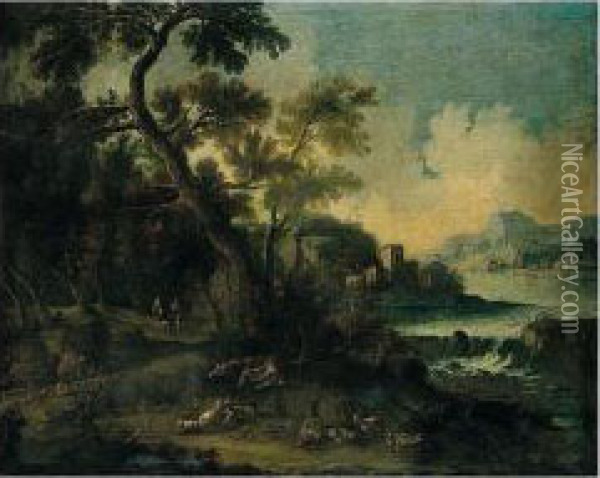 River Landscape With Shepherds And Their Flocks Resting Beside A Track Oil Painting - Gaetano De Rosa