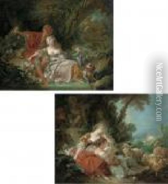 An Amorous Couple In A Wooded Landscape By A Fountain Oil Painting - Francois Boucher