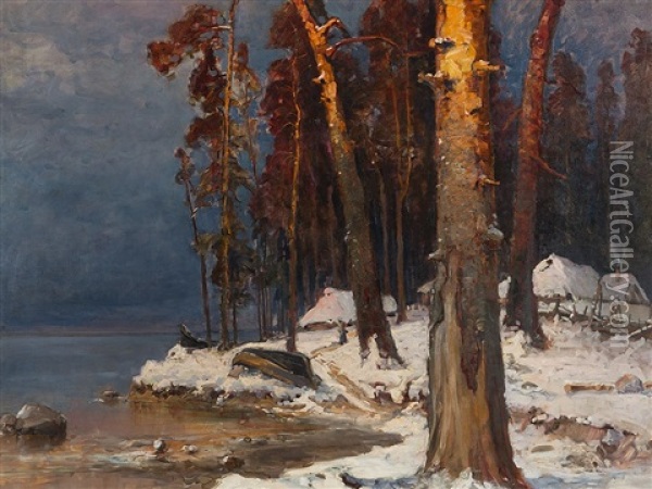 Winter At Lake Peipus Oil Painting - Yuliy Yulevich (Julius) Klever