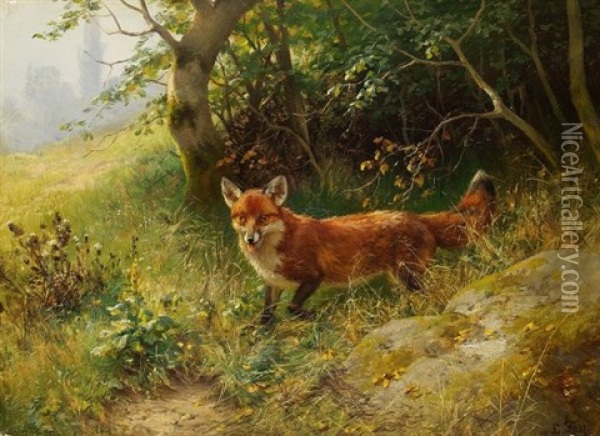 Fuchs (+ Rehbock, Oil On Canvas; 2 Works) Oil Painting - Ludwig Benno Fay