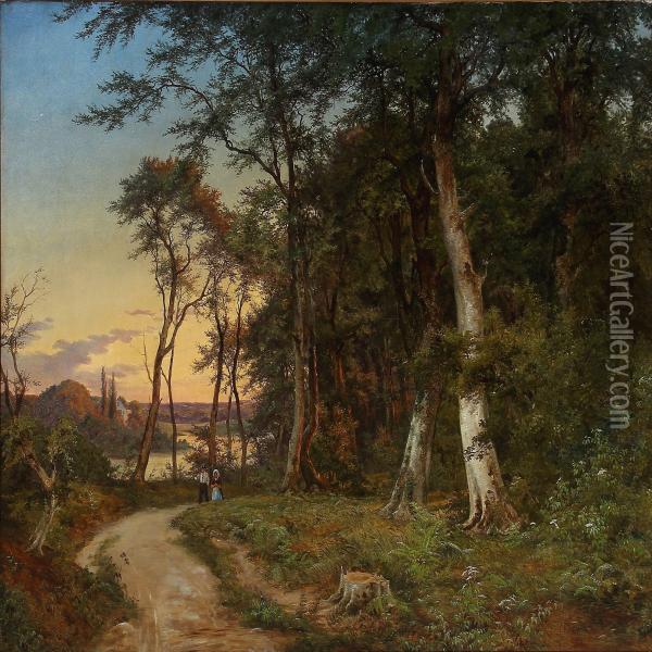 A Young Couple Walking In A Forest Oil Painting - Axel Thorsen Schovelin