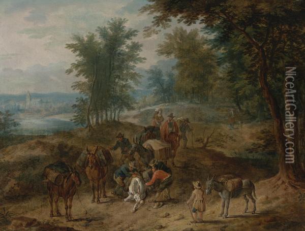 Travelers On A Wooded Path Oil Painting - Karel Van Breydel (Le Chevalier)