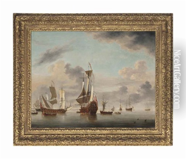 An English Two-decker Of Forty Guns Riding At Anchor Off A Coast With A Galliot Close By And Five Men-o'war Beyond Oil Painting - Charles Brooking