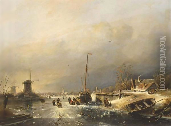 A Winter Landscape With Figures On The Ice Near A Barge, A Town Beyond Oil Painting - Charles Henri Leickert