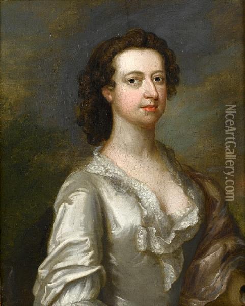 Portrait Of A Lady, Bust-length, In A Whitesatin Dress With A Lilac Wrap Oil Painting - Francis Hayman