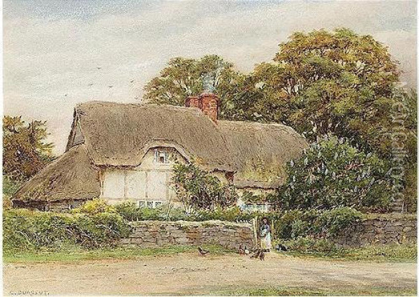 A Girl Feeding Chickens By A Thatched Cottage Oil Painting - Curtius Duassut