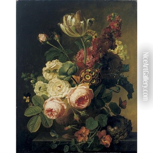 Still Life With A Vase Of Flowers And A Bird Nest On A Ledge Oil Painting - Christiaen van Pol