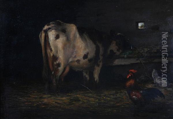 A Stable Interior With A Cow And Rooster Oil Painting - Hiram Reynolds Bloomer