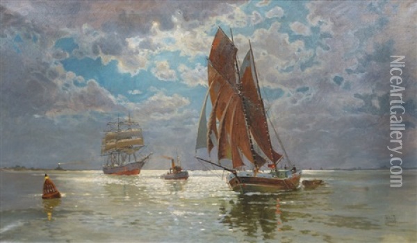 Fishing Cutter And Tall Ship Off Neuwerk Oil Painting - Willi Otto Max Lange