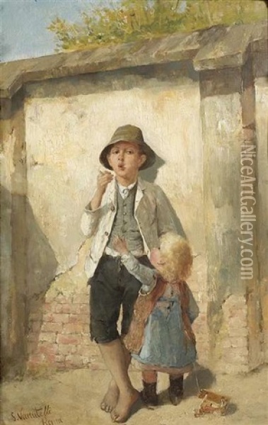 Die Erste Zigarette. Ein Junge Lehnt Rauchend An Einer Hausmauer, Sein Schwesterchen Beobachtet Ihn Oil Painting - Scipione Vannutelli