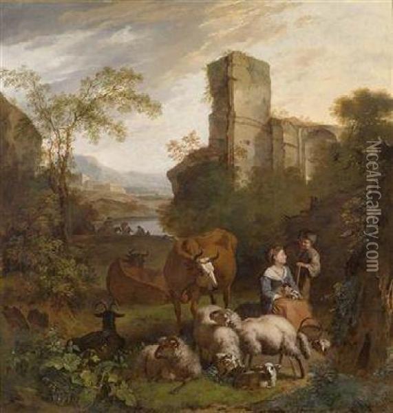 Young Pair Of Shepards In A Landscape With Resting Riders Oil Painting - Simon van der Does