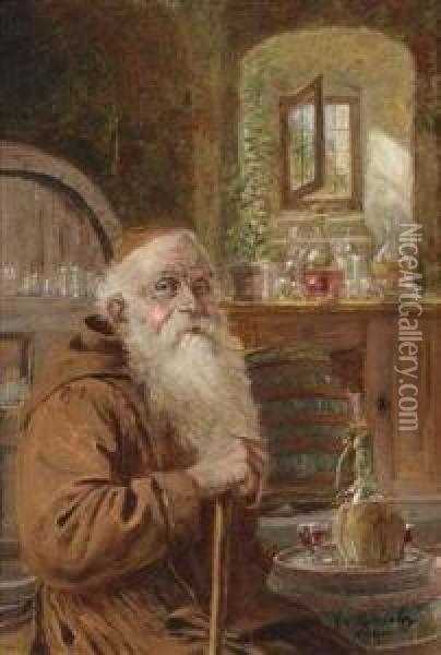 Monk In The Wine Cellar Oil Painting - Georg Roessler