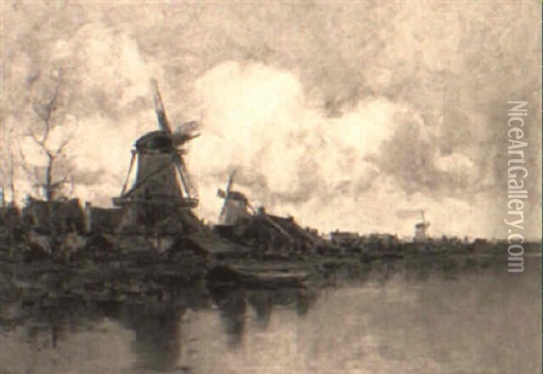 Windmills Along A Canal Oil Painting - Charles Paul Gruppe