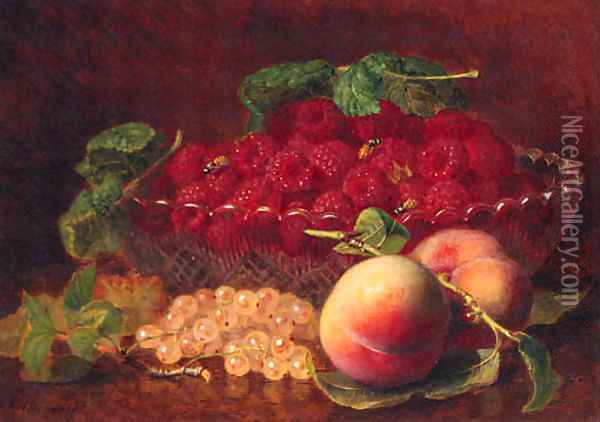 Peaches, Whitecurrants, Raspberries in a glass Bowl, and Wasps Oil Painting - Eloise Harriet Stannard
