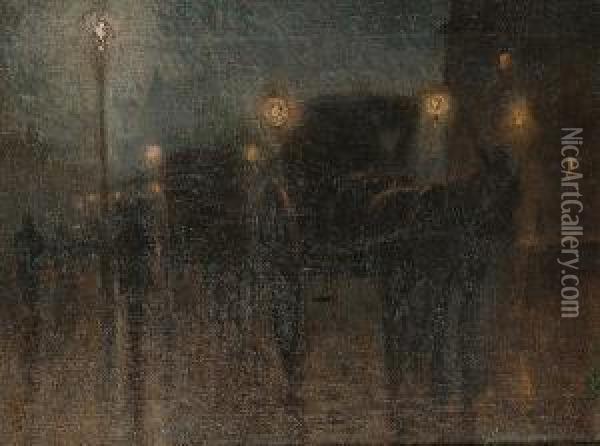 Horse And Coach In A Moonlit Street Oil Painting - Franz Skarbina