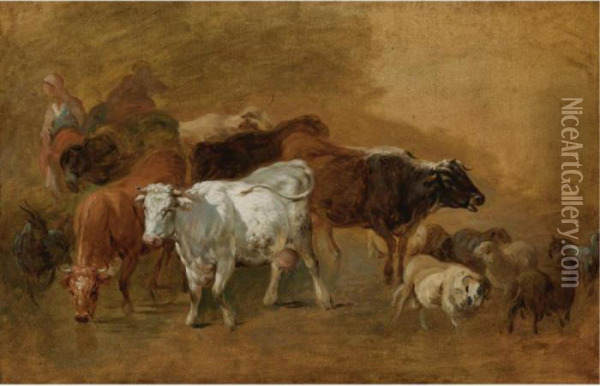 Cattle And Sheep Driven By Peasants - A Sketch Oil Painting - Jean-Baptiste Huet I